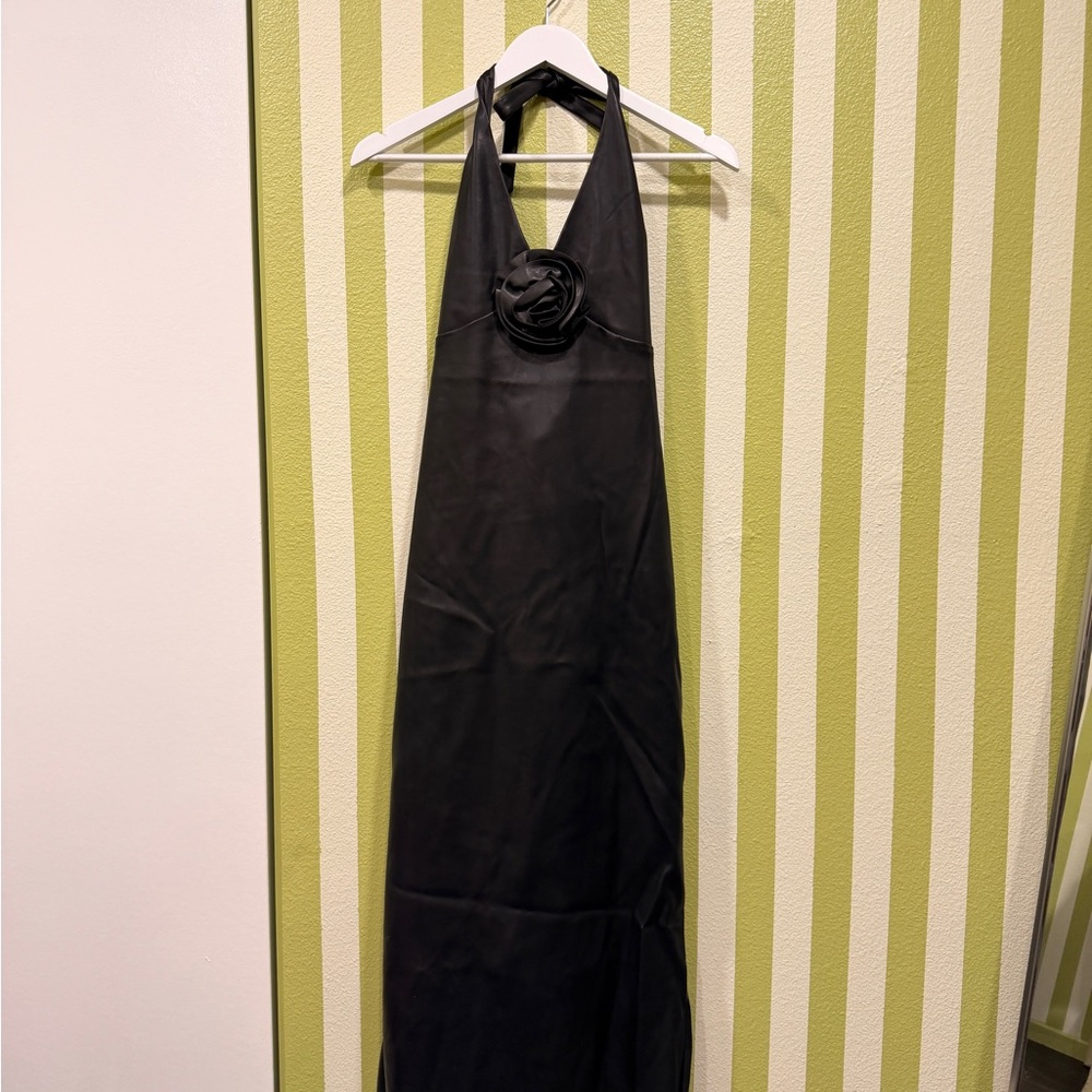 Meshki Dori Faux Leather Black Halter Dress